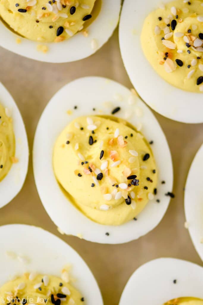 overhead close up of a deviled eggs recipe made with everything bagel seasoning