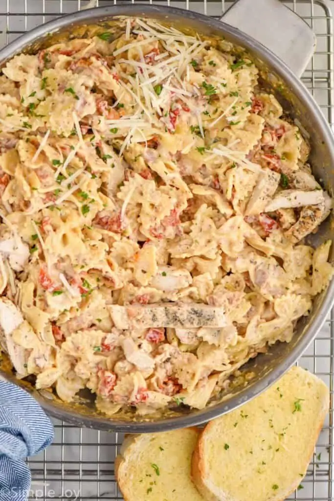 overhead of sun dried tomato pasta recipe in a skillet