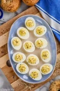 overhead photo of a platter of everything bagel deviled eggs recipe