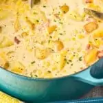 pinterest graphic of side view of a pot of corn chowder