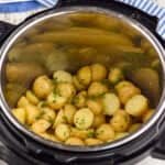pinterest graphic of instant pot baby potatoes in a pressure cooker