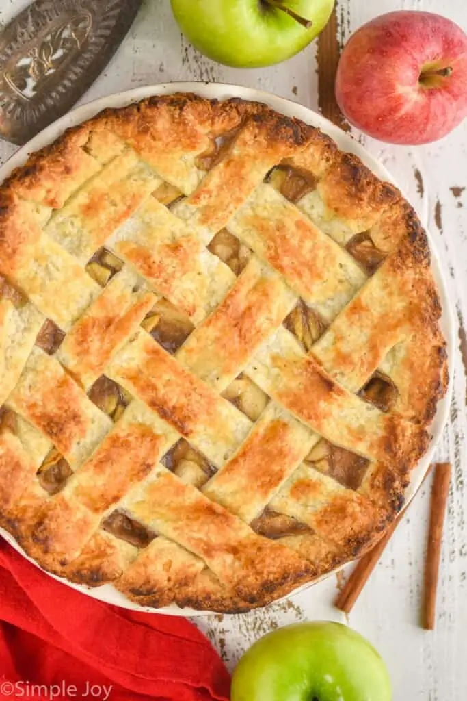 overhead of an apple pie made with homemade apple pie filling