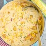 overhead of a pot of corn chowder - 23