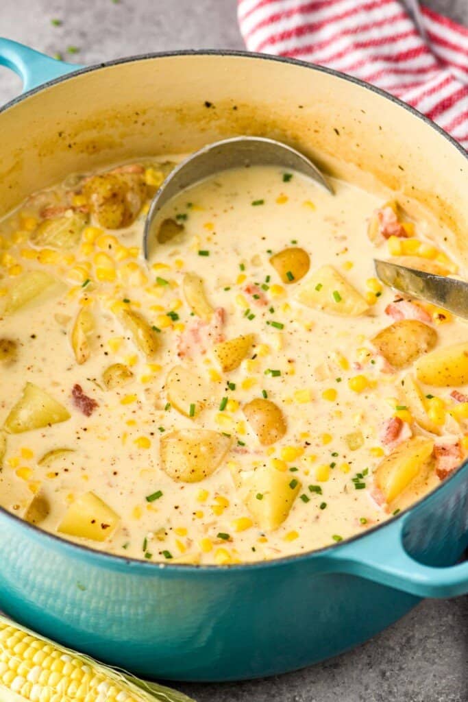 side view of a pot of corn chowder