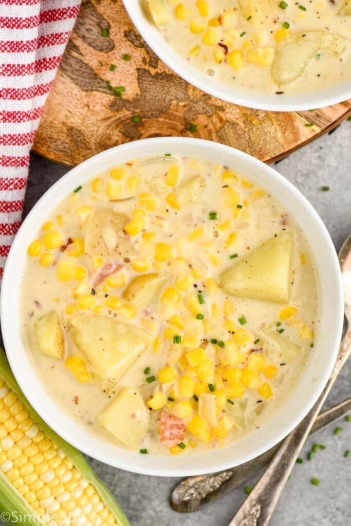 overhead of a bowl of corn chowder