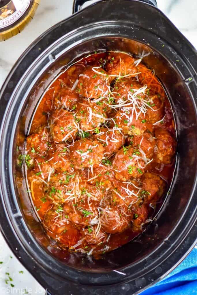 overhead view of a crockpot meatball recipe in a slow cooker