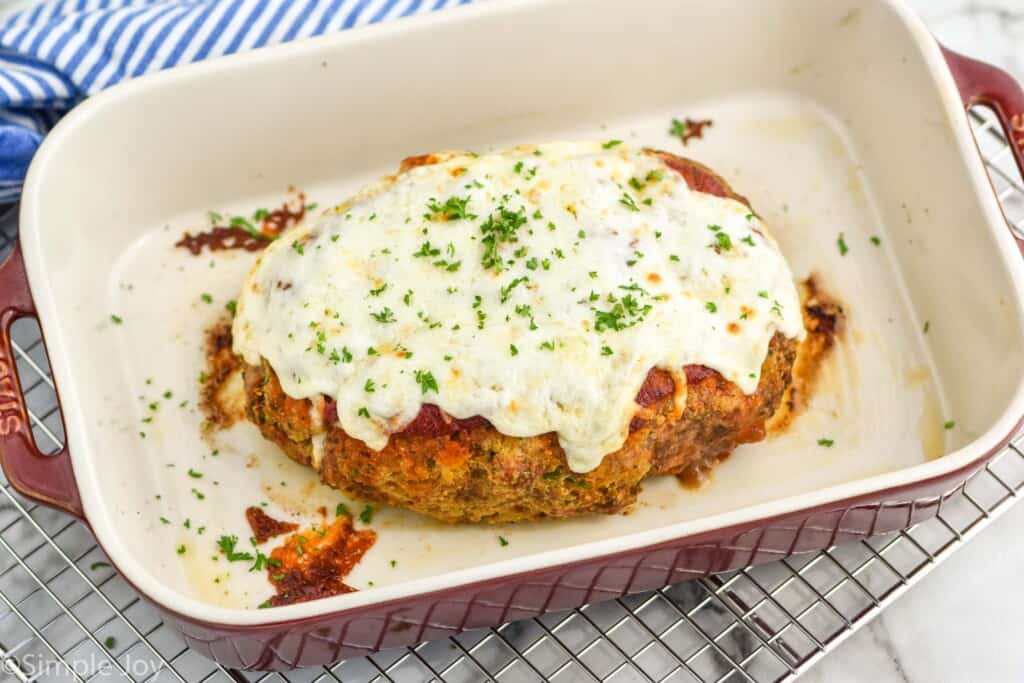 an Italian meatloaf in a baking dish
