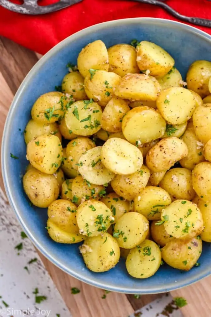 overhead of a bowl of instant pot baby potatoes