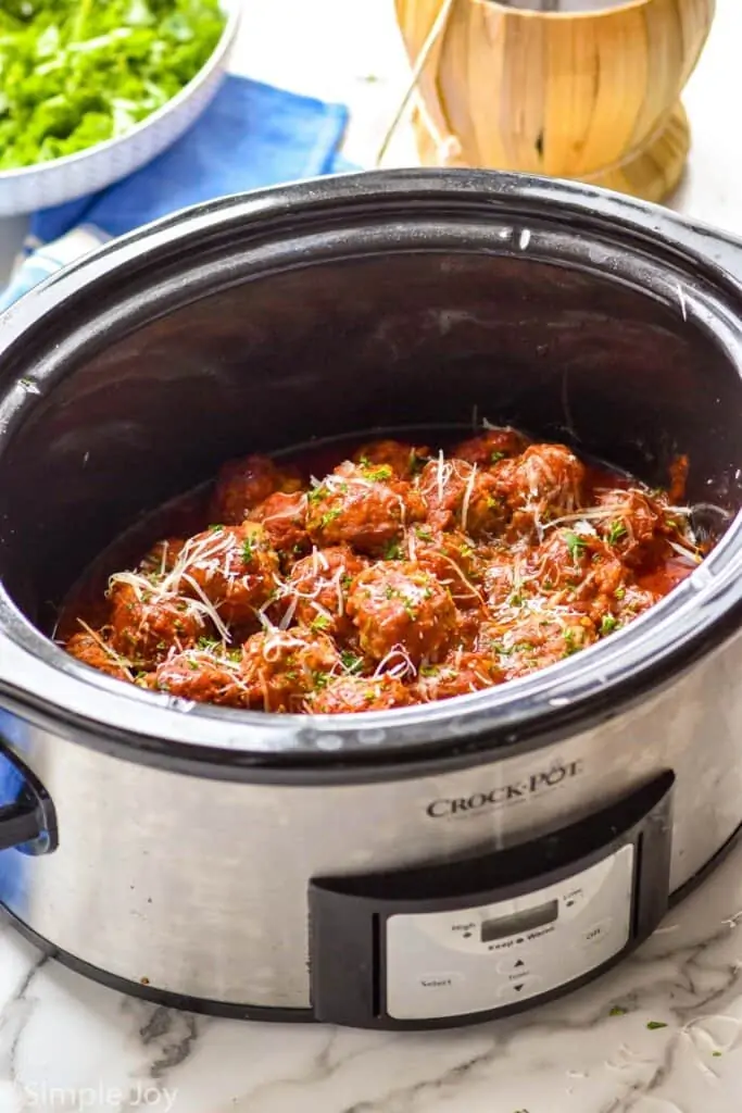 side view of slow cooker meatballs in a crockpot