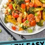 pinterest graphic of overhead of a bowl of chicken stir fry with rice