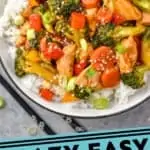 pinterest graphic of overhead of a bowl of chicken stir fry with rice