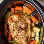 pinterest graphic of overhead of a turkey breast in a slow cooker on a bed of vegetables