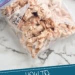 pinterest graphic of overhead of a bag of frozen shredded chicken