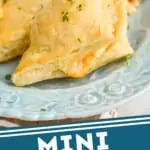 pinterest graphic of close up of a mini chicken pot pie on a platter