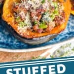 pinterest graphic of close up side picture of a stuffed acorn squash