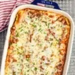 pinterest graphic of overhead of a baking dish full of turkey lasagna