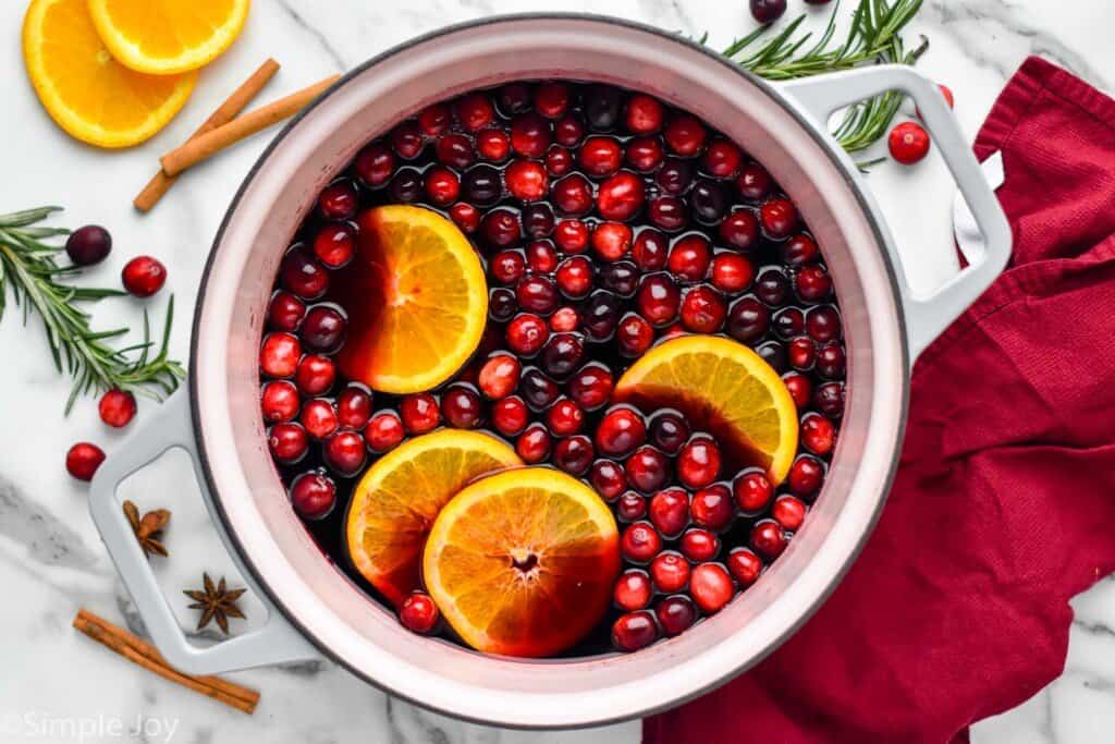 overhead of a stock pot full of the best mulled wine and garnished with fresh cranberries and orange slices