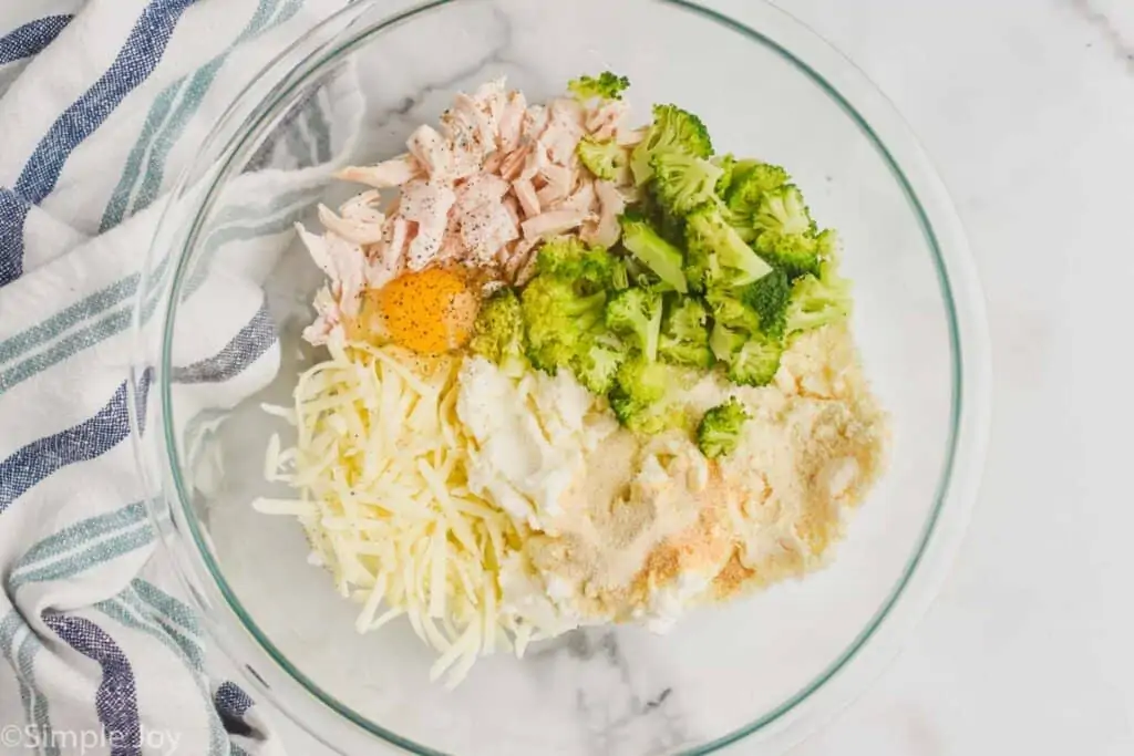 overhead of a bowl of ingredients to make chicken stuffed shells