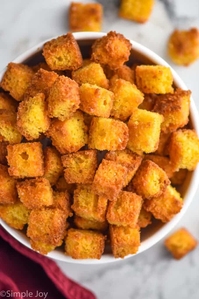 overhead of bowl full of croutons