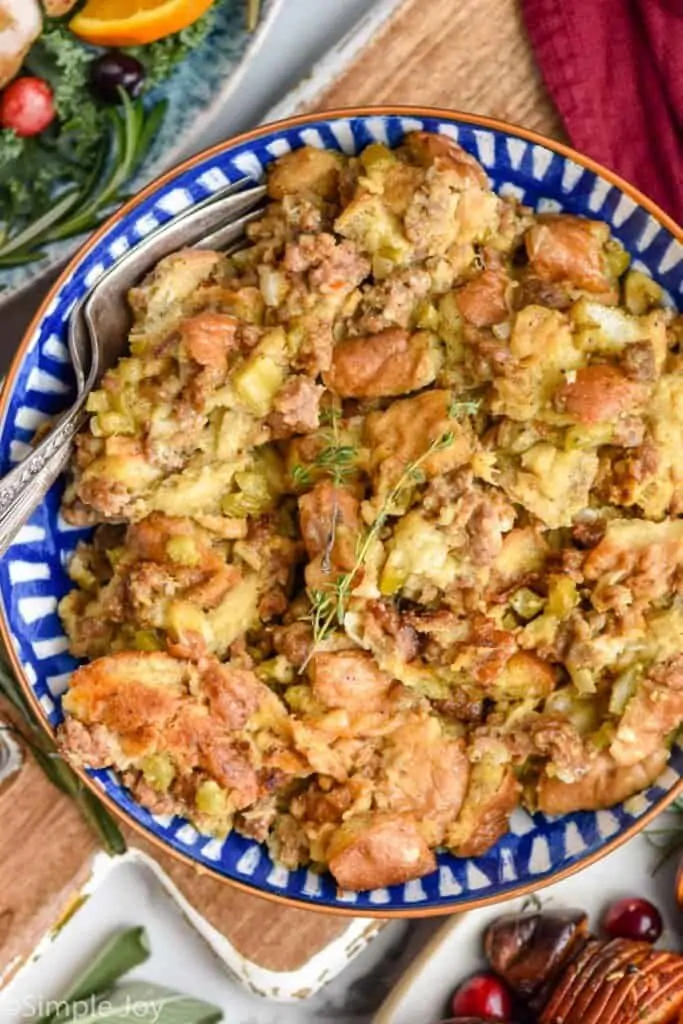 overhead of a bowl of homemade stuffing