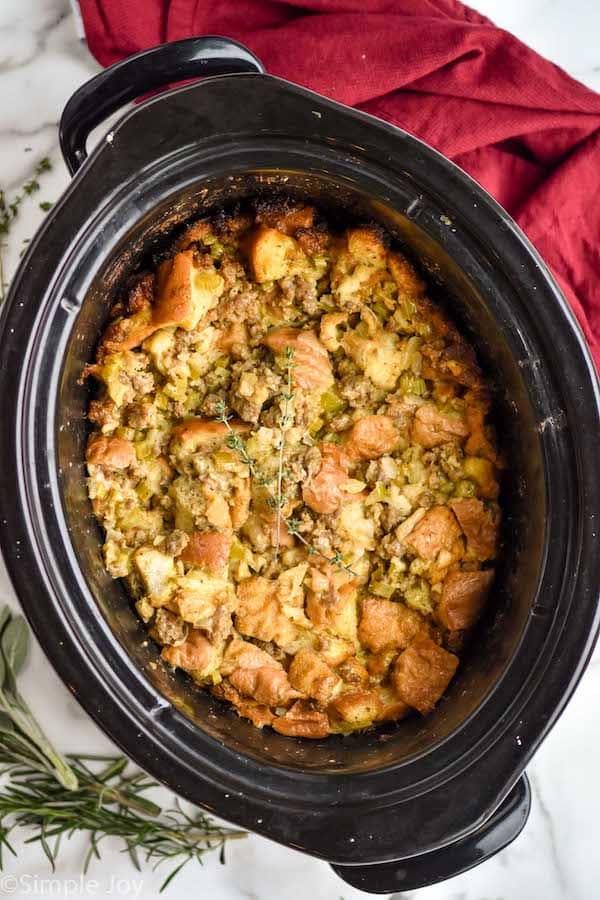 overhead photo of crockpot stuffing in a slow cooker