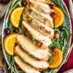 overhead of a platter of crockpot turkey breast and gravy - 11