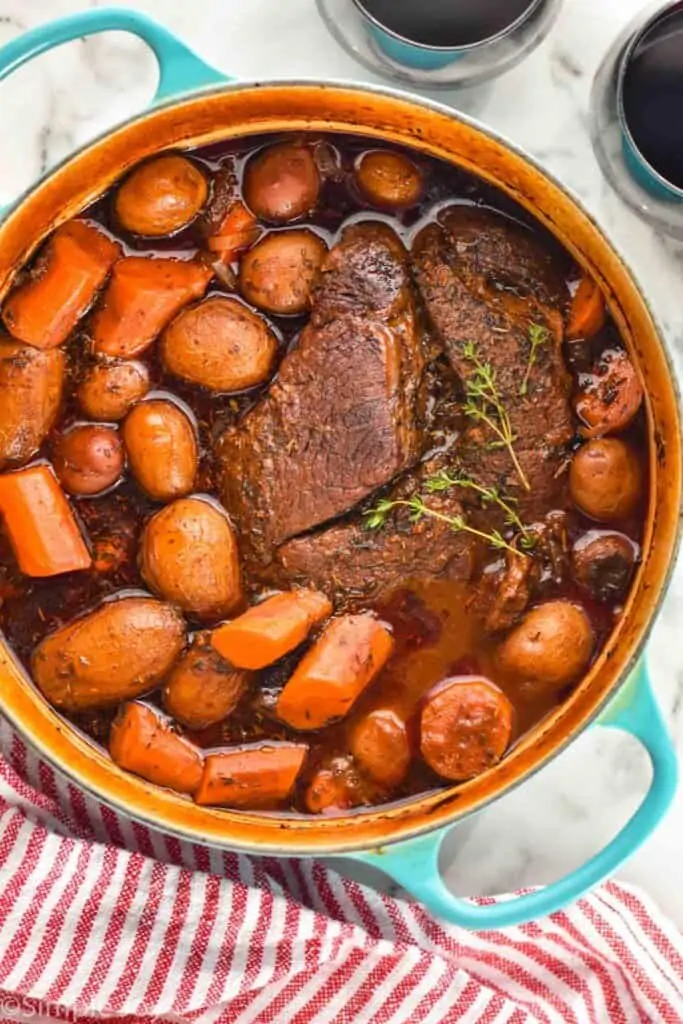 overhead of a dutch oven pot roast