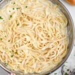 overhead of a pan of fettuccine alfredo - 13