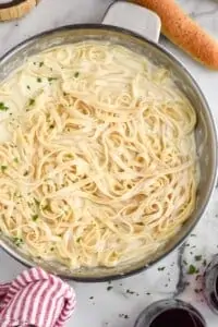 overhead of a pan of fettuccine alfredo