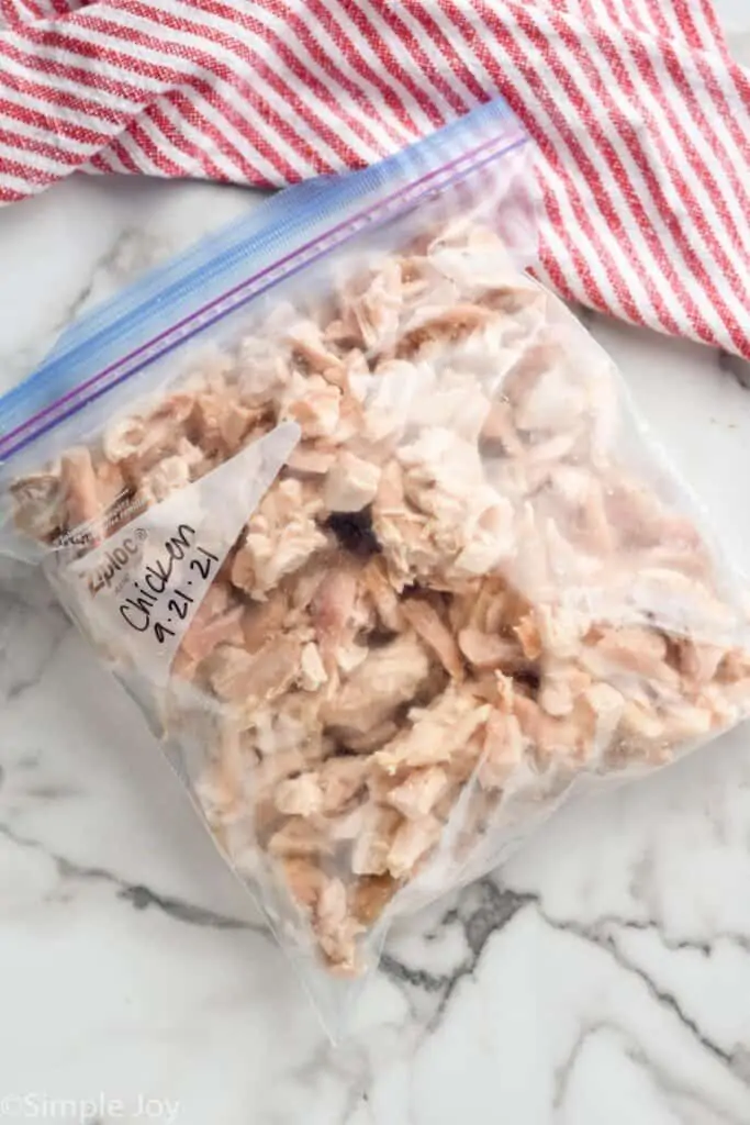 overhead of a bag of frozen shredded chicken