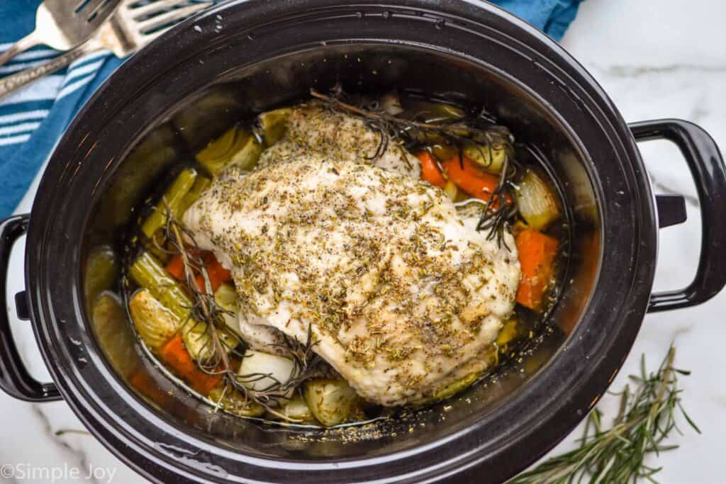 overhead of a turkey breast in a crockpot before it has been browned