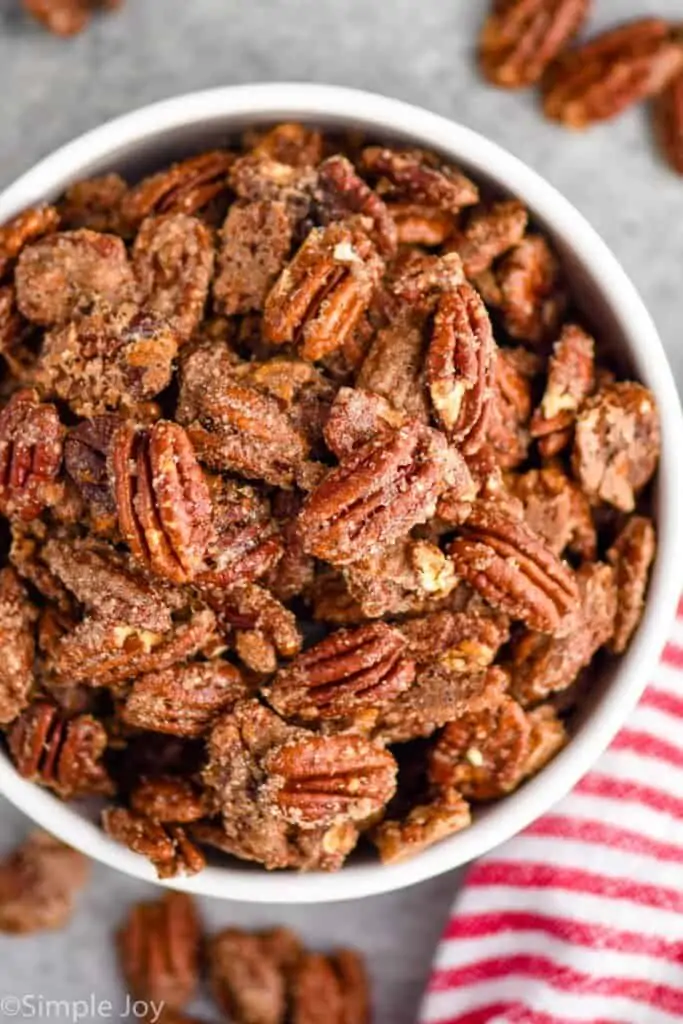 overhead of a bowl of candied nuts