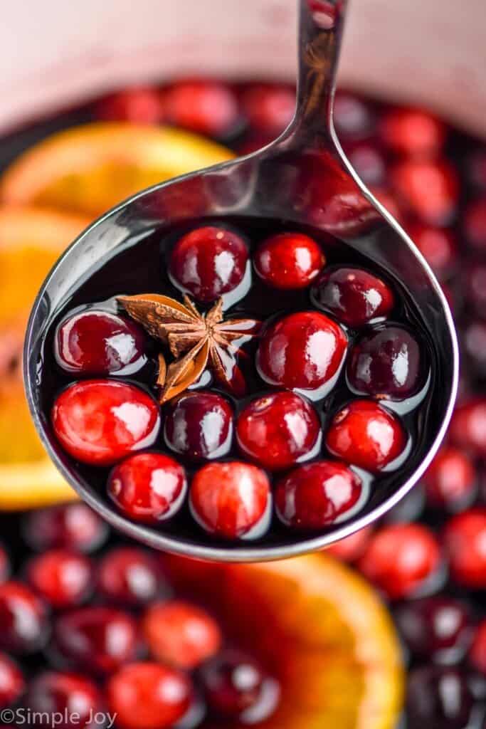 close up view of a ladle full of mulled wine with fresh cranberries and an anise star