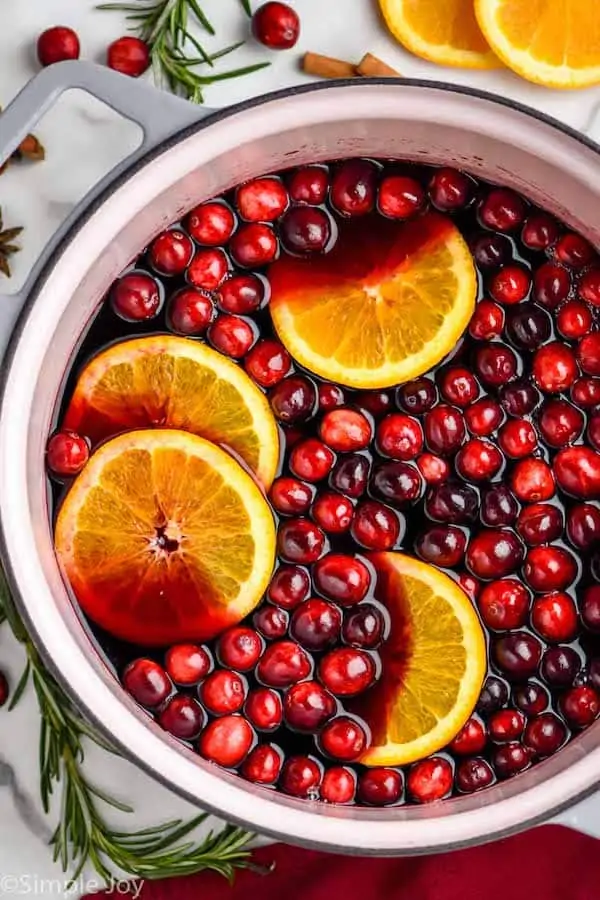 overhead of a stock pot full of mulled wine recipe, garnished with fresh cranberries and oranges