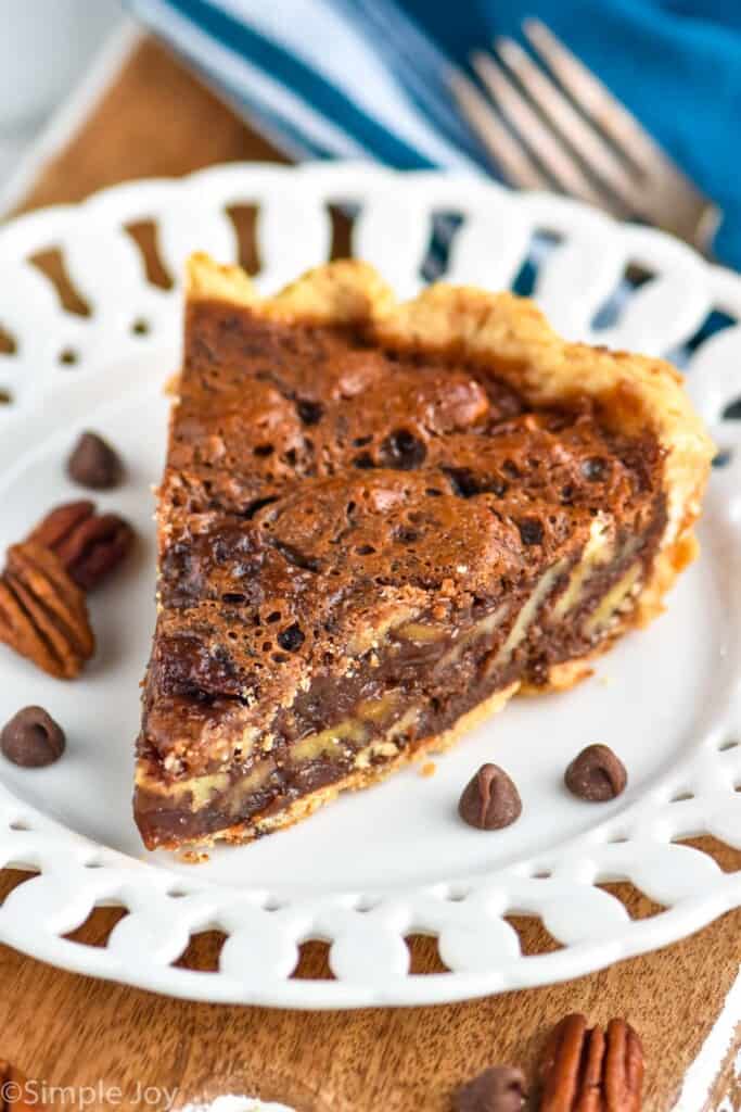 piece of chocolate pecan pie on a plate