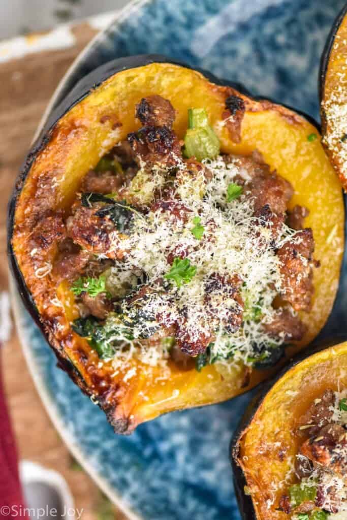 overhead picture of a sausage stuffed acorn squash