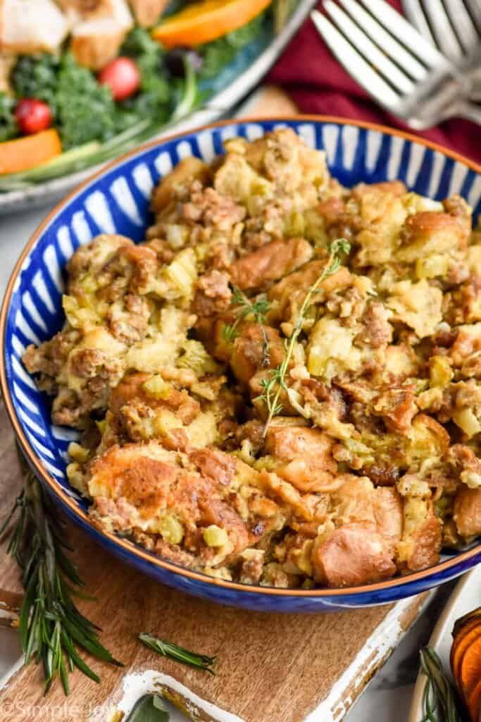 side view of a bowl of stuffing recipe
