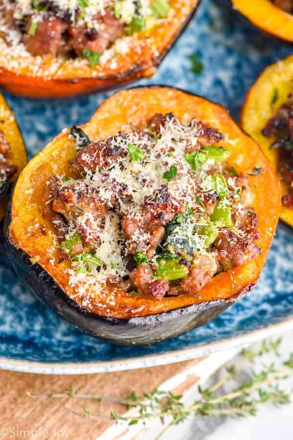 close up side picture of a stuffed acorn squash