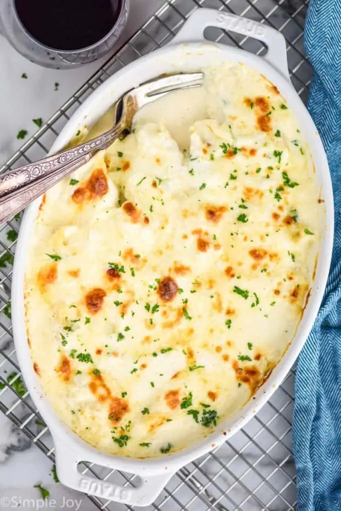 overhead picture of a casserole dish full of stuffed shells with white sauce