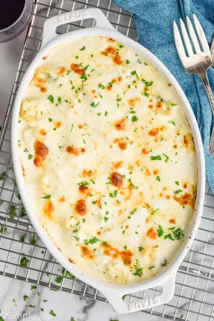 overhead of a casserole dish with stuffed shells recipe in it