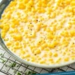 pinterest graphic of side view of a bowl of creamed corn recipe