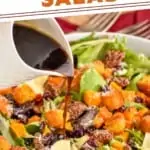 Pinterest graphic of side view of a maple vinaigrette dressing being poured on a fall harvest salad