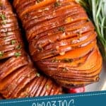 pinterest graphic of close up of a hasselback sweet potato