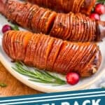 pinterest graphic of side view of three sweet potatoes cooked hasselback style on a platter