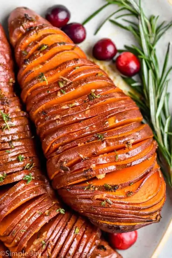 close up of a hasselback sweet potato