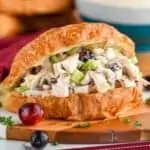 pinterest graphic a turkey salad sandwich on a cutting board