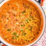 overhead of a stock pot full of chicken enchilada soup - 8