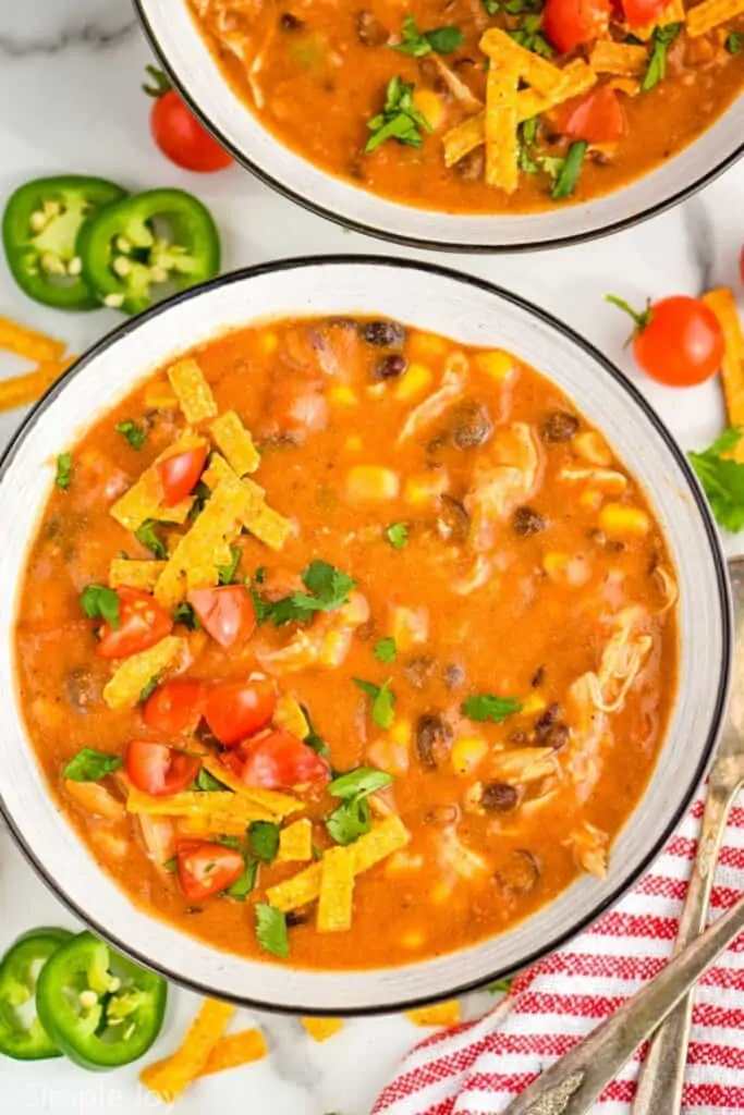 overhead of a bowl of chicken enchilada soup garnished with tortilla strips, cilantro, and diced tomatoes