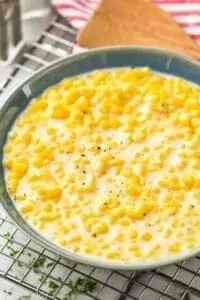 side view of a bowl of creamed corn recipe