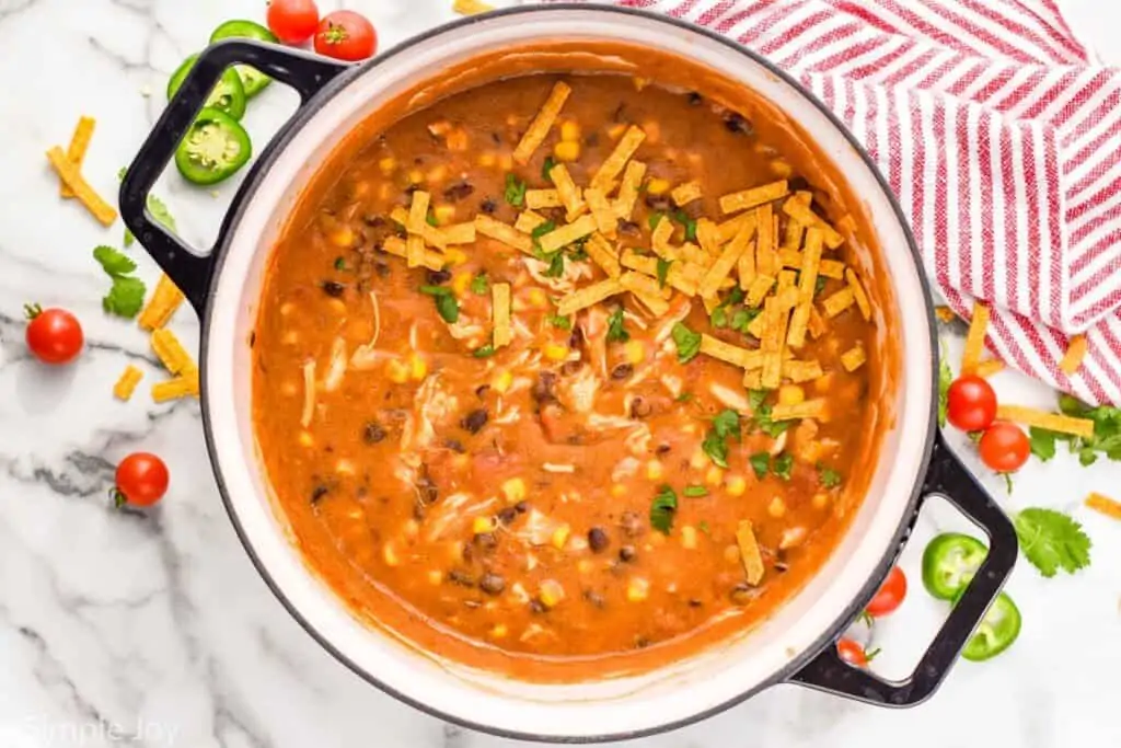 overhead of a stockpot full of chicken enchilada soup garnished with tortilla strips and cilantro